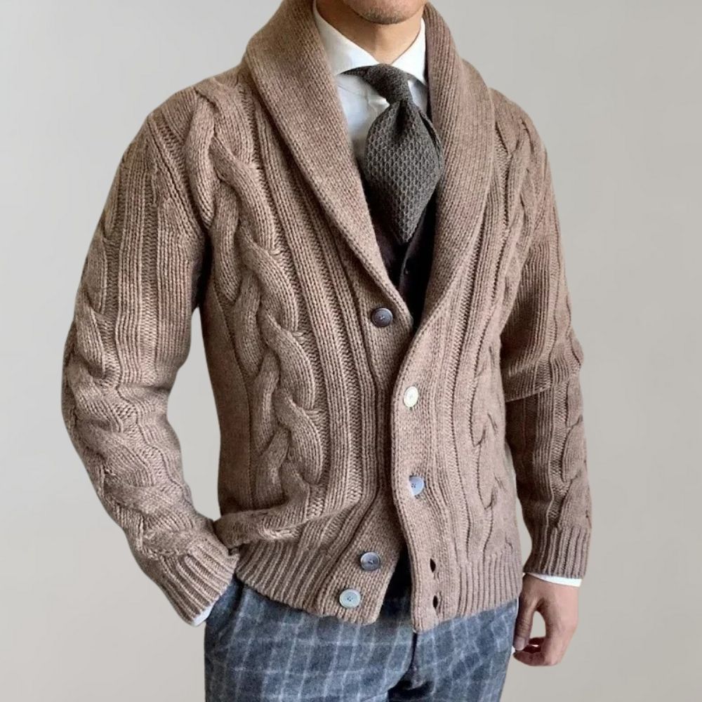 Cardigan Uomo a Maglia a Cavi con Collo a Sciarpa - Robusto ed Elegante
