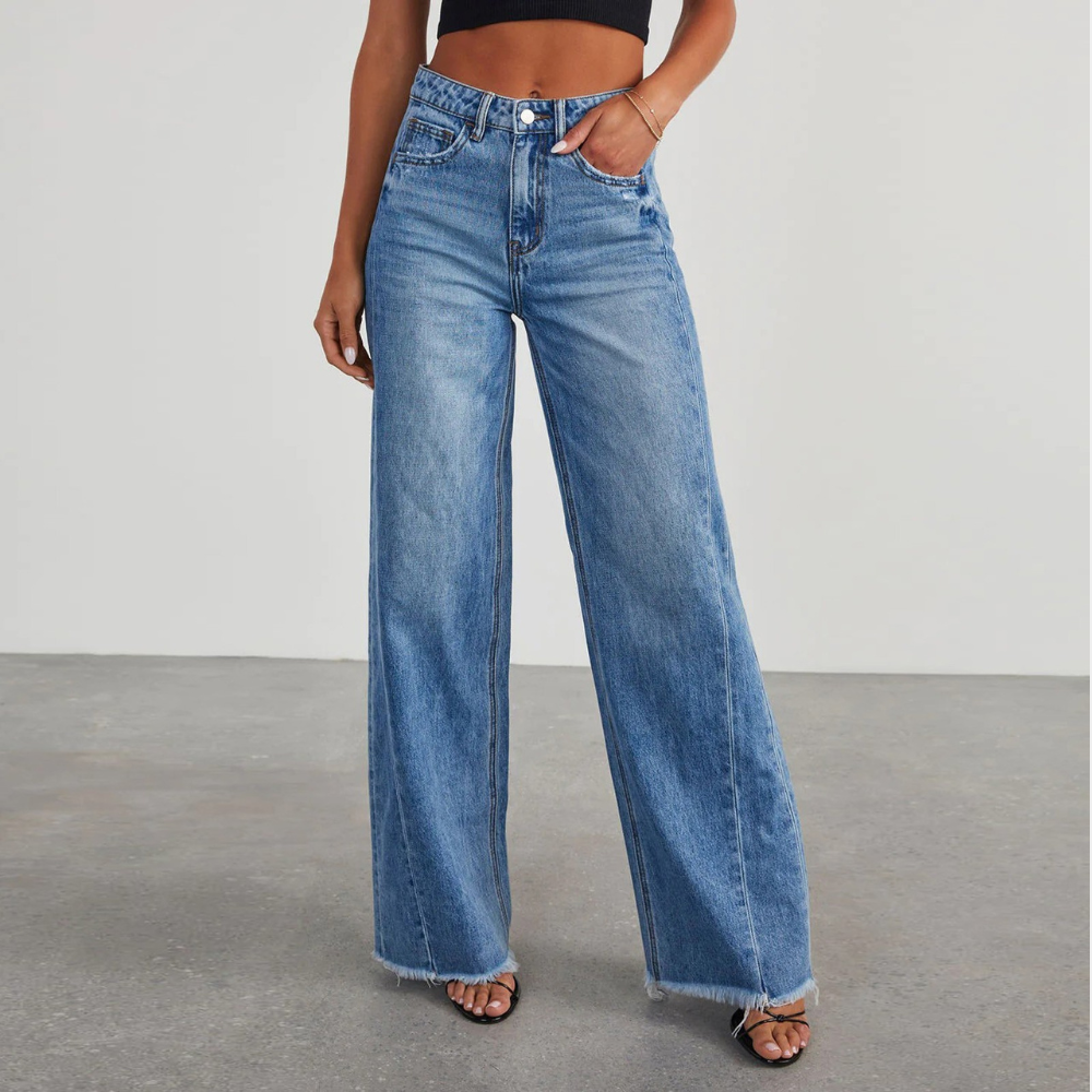 Jeans Blu a Gamba Larga da Donna – Vita Alta con Orlo Distressed