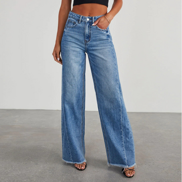 Jeans Blu a Gamba Larga da Donna – Vita Alta con Orlo Distressed