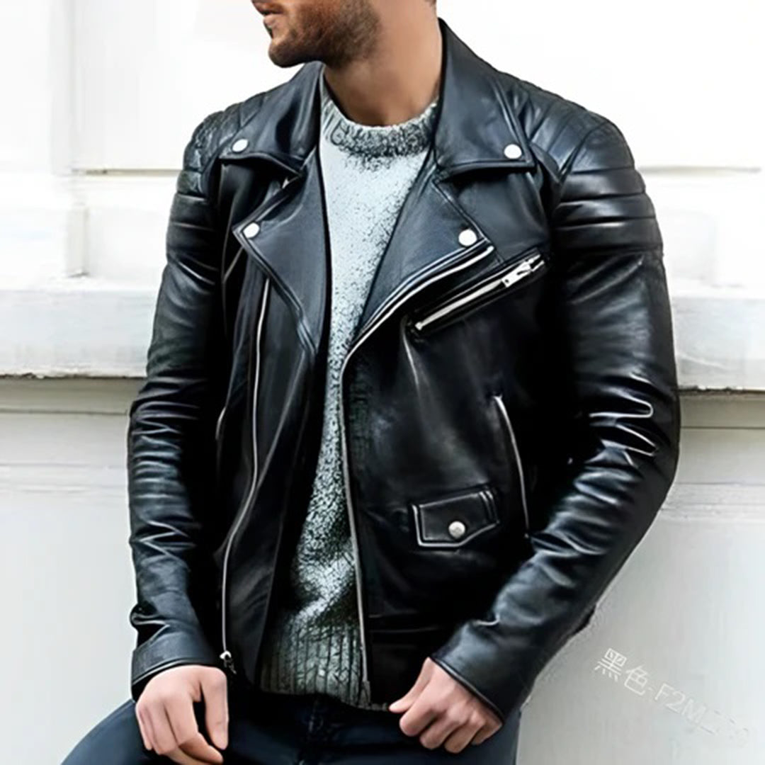 Giacca in Pelle da Uomo - Stile Biker e Collo Ampio con Revers
