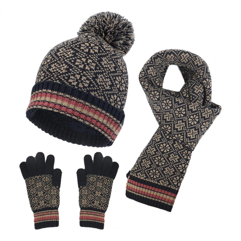 Set Invernale Unisex da 3 Pezzi - Berretto con Pom-Pom, Sciarpa e Guanti con Motivo Geometrico