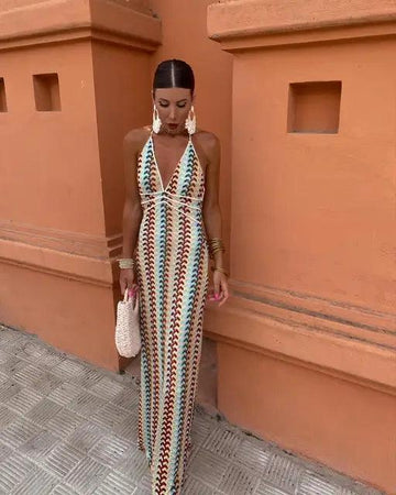Abito Lungo Multicolore Elegante con Scollo Profondo per Donna