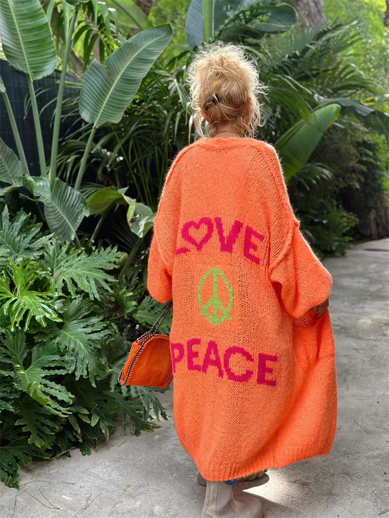 Cardigan da Donna in Maglia Oversized – Grafica Love Peace