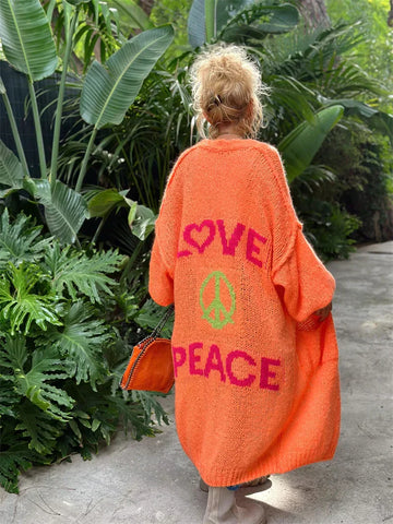 Cardigan da Donna in Maglia Oversized – Grafica Love Peace