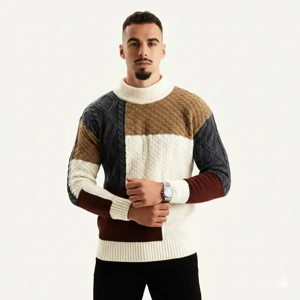 Maglione a Collo Finto Color Block da Uomo - Fantasie di Maglia Miste e Orlo Dritto