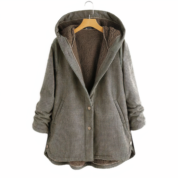 Chaqueta con Capucha para Mujer - Con Motivo a Cuadros y Cierre de Botones