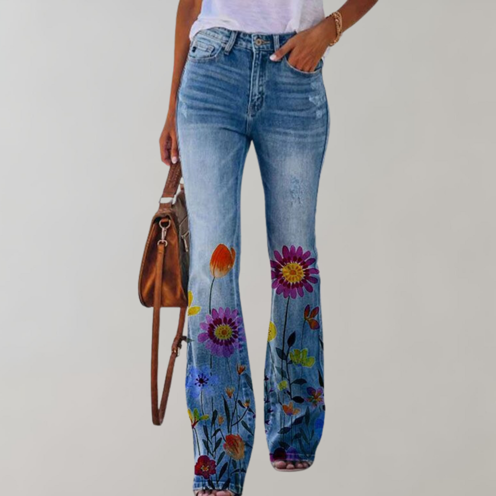 Jeans acampanados con estampado floral para mujer – cintura alta