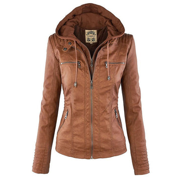 Chaqueta de Mujer de Piel con Capucha - Cremallera Completa con Bolsillos con Cremallera
