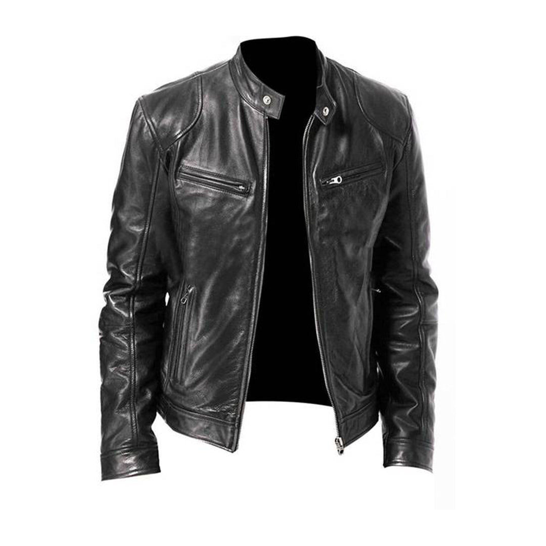 Giacca in Pelle da Uomo - Stile Biker con Collo Alto e Cerniera Dritta
