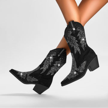 Stivali Cowboy Donna Scamosciati Neri Metà Polpaccio - Strass & Tacco Elegante