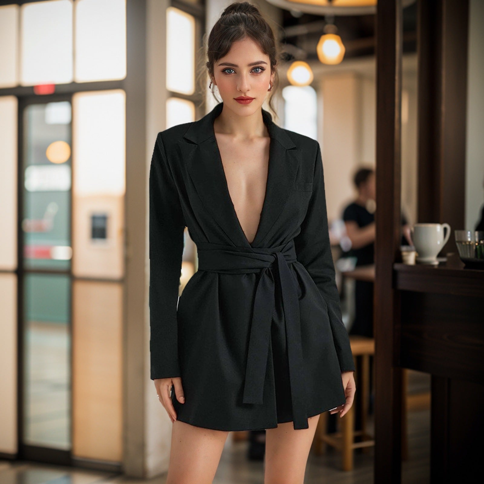 Vestido blazer negro de mujer - Cintura con lazo y escote en V profundo