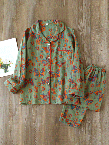 Julietta - Completo Pigiama con Stampa Vintage di Farfalle per Donna