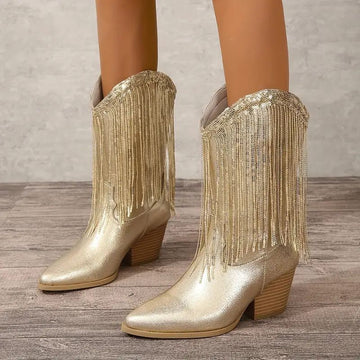 Stivali Cowboy Donna Metà Polpaccio Paillettes Frange - Tacco Blocco & Party