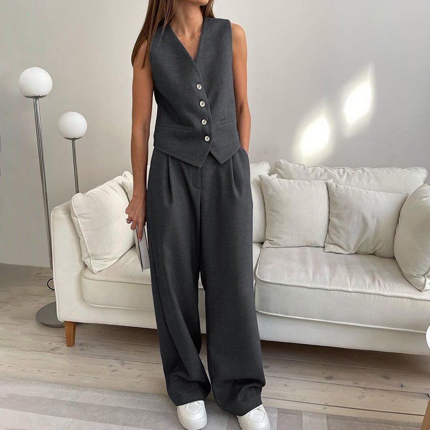 Completo Confortevole con Gilet e Pantaloni a Gamba Larga per Donna