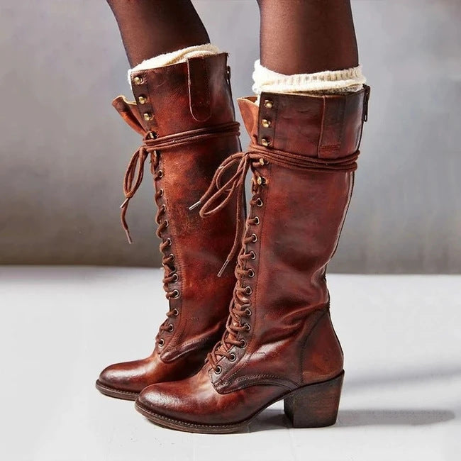 Botas hasta la rodilla para mujer – con cordones y tacón medio de bloque