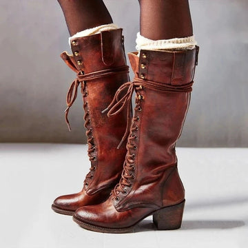 Botas hasta la rodilla para mujer – con cordones y tacón medio de bloque