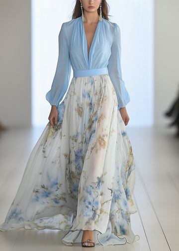 Abito Lungo Blu Floreale ed Elegante per Donna