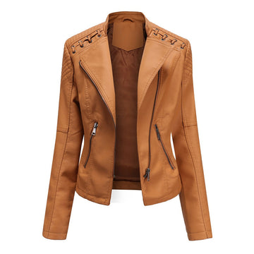 Chaqueta de piel para mujer - Estilo biker con amplio solapa
