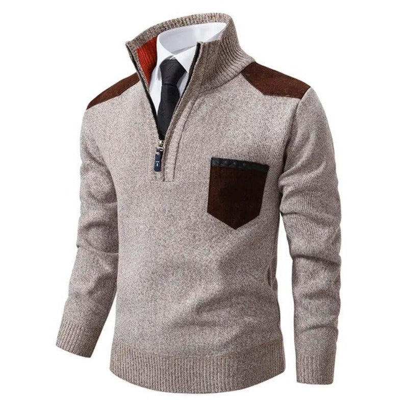 Maglione da Uomo con Cerniera Corta - Collo Alto e Toppe a Contrasto