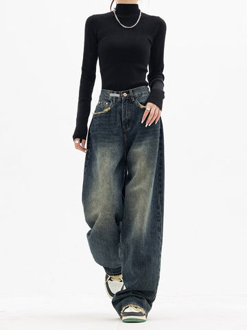 Jeans da Donna Blu Grigio a Gamba Larga – Vita Alta e Lavaggio Sbiadito