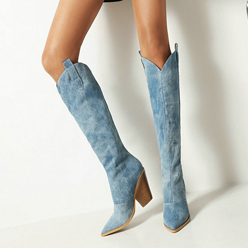 Botas hasta la rodilla azules para mujer – Parte superior en V y punta cuadrada