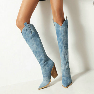 Botas hasta la rodilla azules para mujer – Parte superior en V y punta cuadrada