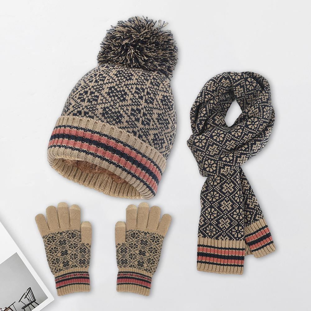 Set Invernale Unisex da 3 Pezzi - Berretto con Pom-Pom, Sciarpa e Guanti con Motivo Geometrico