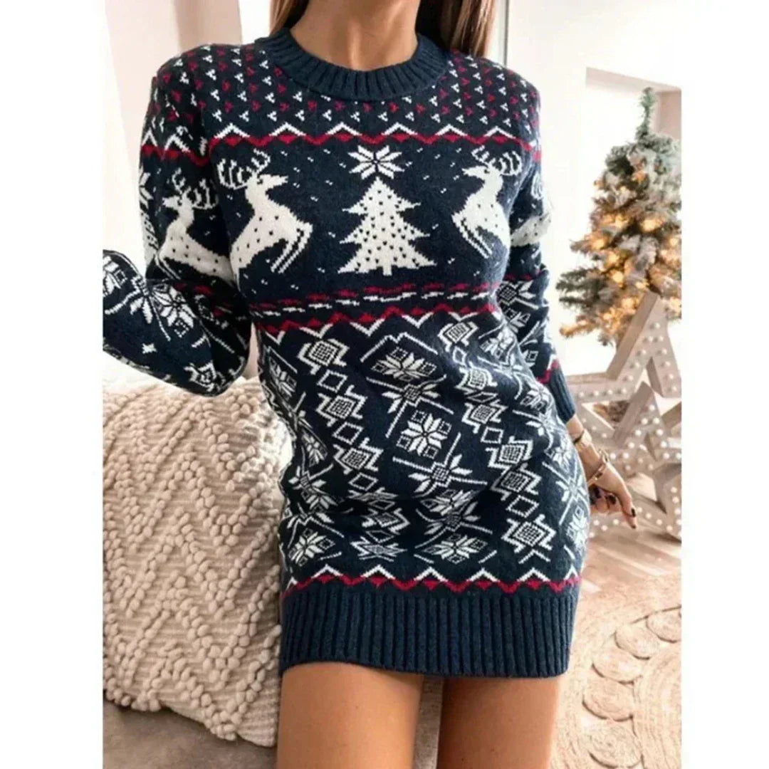 Vestito a Maglia a Maniche Lunghe Donna - Motivo Fair Isle Natalizio e Girocollo