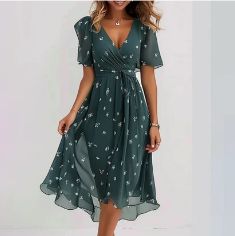 Abito Midi Verde Elegante Avvolgente per Donna