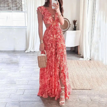 Abito Lungo Floreale con Scollo a V e Cut-Out per Donna