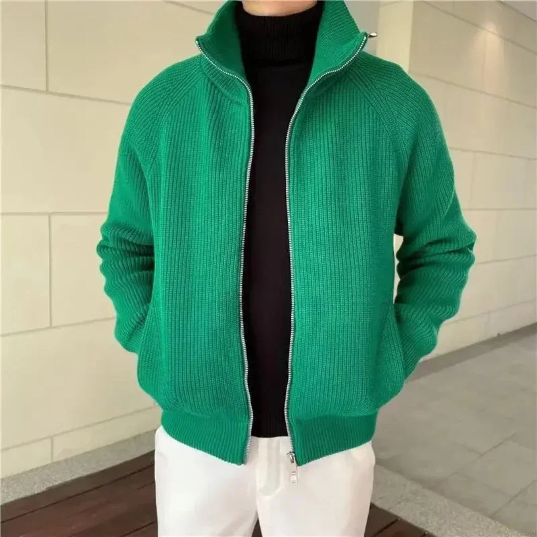 Olivero - Cardigan Verde a Coste con Collo Alto per Uomo