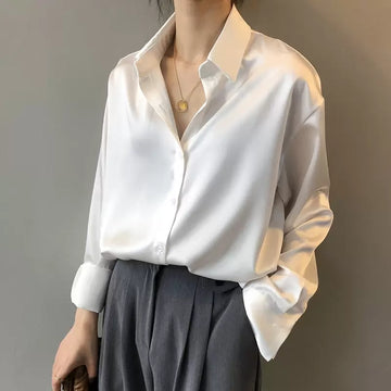 Blusa Satinata da Donna - A Maniche Lunghe e Bottone Frontale
