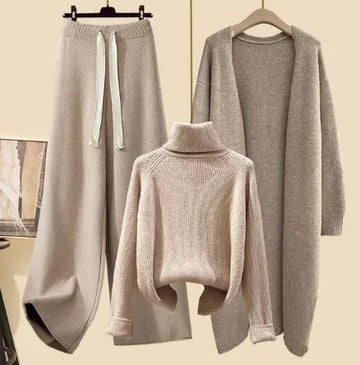 Conjunto de tres piezas para mujer - Con cárdigan, suéter de cuello alto y pantalones de pierna ancha