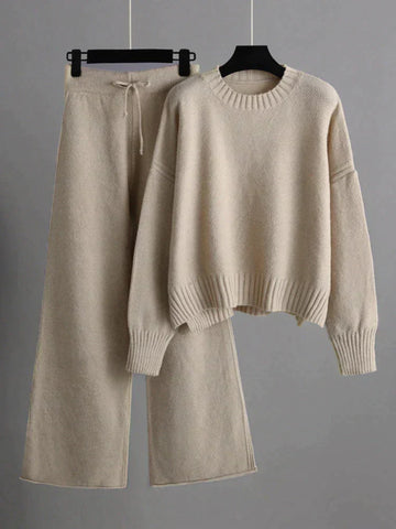 Completo de punto para mujer - Con pantalones de pierna ancha y cordón en la cintura