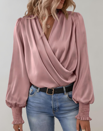 Blusa de mujer con escote en V cruzado - con puños fruncidos