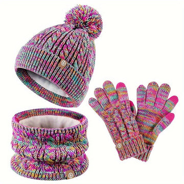 Conjunto invernal de mujer de 3 piezas - Gorro con pompón, braga de cuello y guantes acanalados