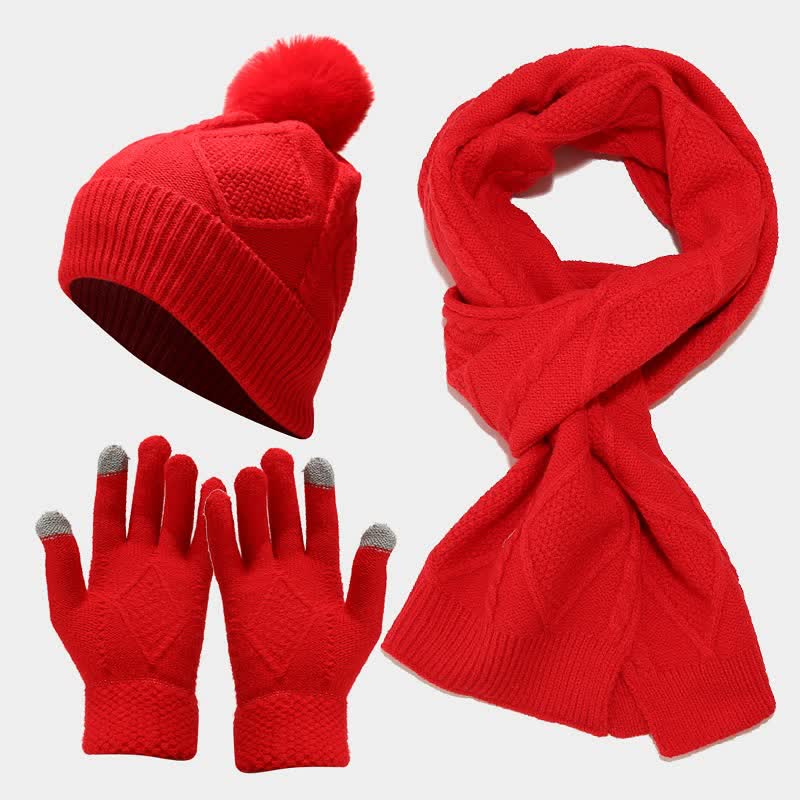 Set Invernale da Donna - Cappello con Pom Pom, Sciarpa e Guanti Touchscreen