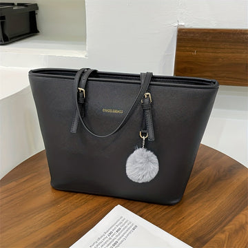 Borsa Tote Strutturata da Donna Nera - Con Manici Superiori e Ciondolo a Pompom