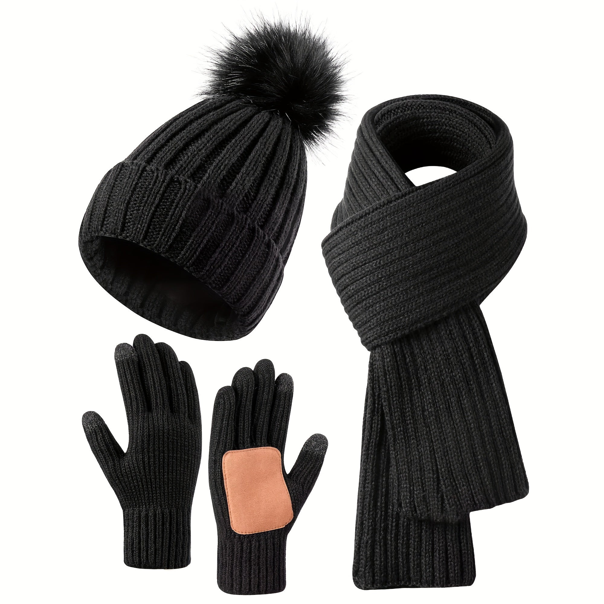Set Invernale da Donna da 3 Pezzi - Berretto con Pom-Pom, Sciarpa e Guanti Touchscreen