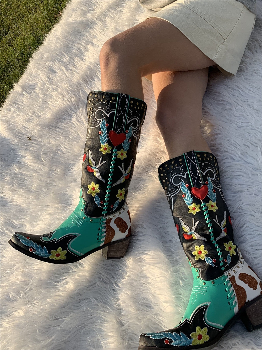 Stivali Cowboy Donna Neri in Pelle Ricamati - Motivo Floreale & Uccelli