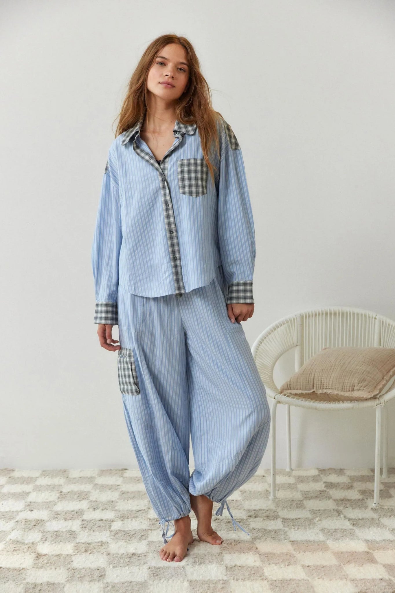 Conjunto de pijama para mujer - Motivo a cuadros y botones frontales
