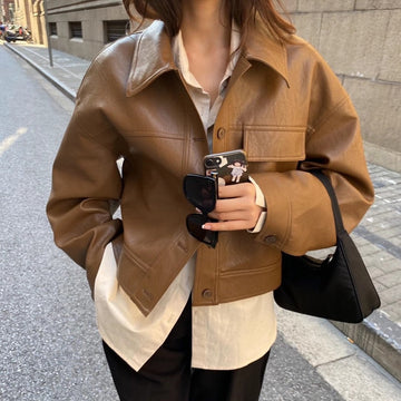 Giacca in Pelle Marrone da Donna - con Colletto a Camicia