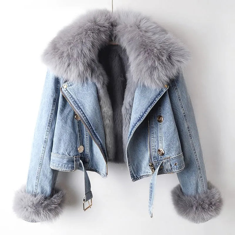 Giacca Jeans Donna Blu Collo Pelliccia Sintetica - Stile Caldo Moda
