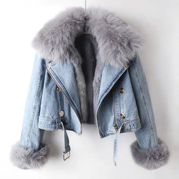 Giacca Jeans Donna Blu Collo Pelliccia Sintetica - Stile Caldo Moda
