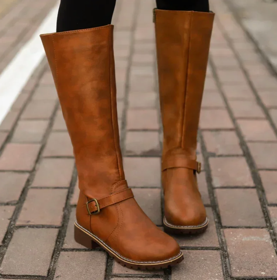 Botas hasta la rodilla para mujer – Correa con hebilla y tacón bajo de bloque