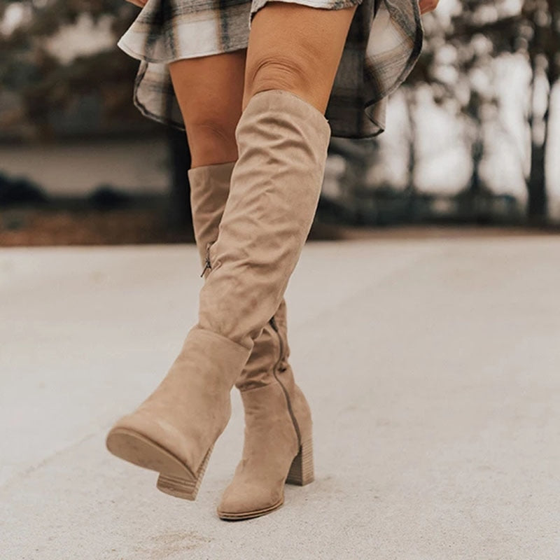 Botas hasta la rodilla para mujer – cremallera lateral y tacón de bloque estratificado