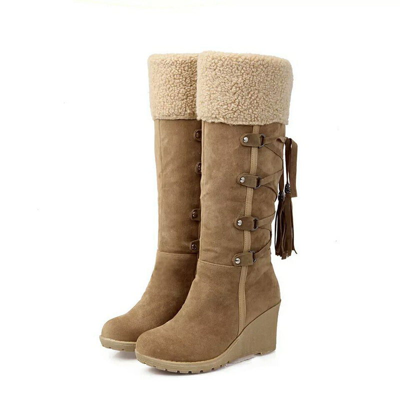 Botas hasta la rodilla para mujer - Tacón de cuña y cinta con borlas