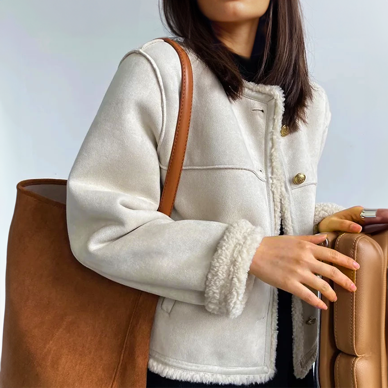 Giacca Vintage da Donna in Suede con Bottoni - Fodera in Shearling