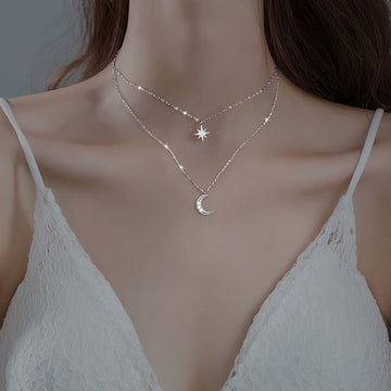 Collar de Mujer Plata - Colgante de Estrella y Luna en Capas