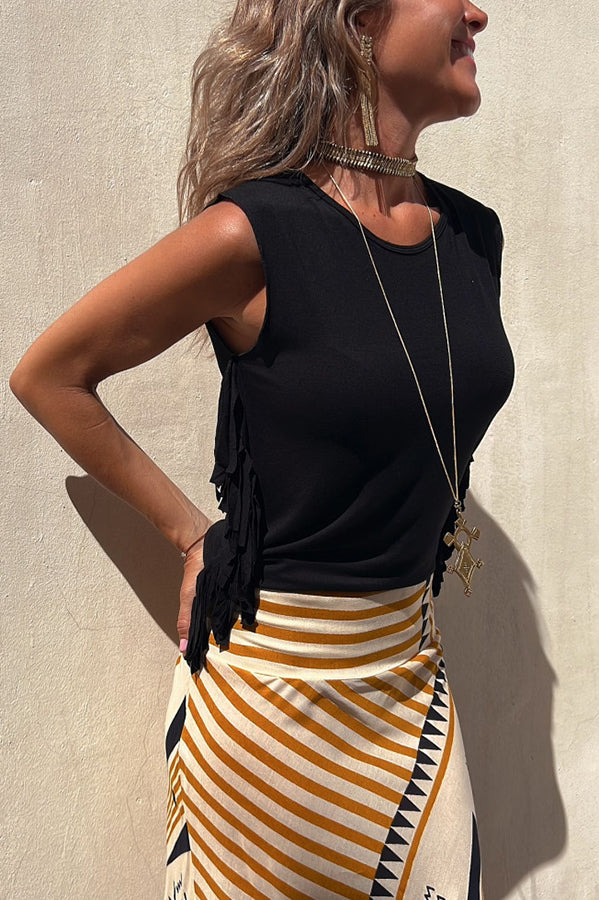 Top Donna Nero con Frange Vestibilità Morbida - Casual Senza Maniche